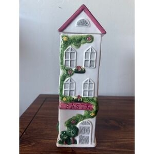 Vintage Ceramic Pasta Canister Tall House Townhome Kitchen Storage Jar Pink Roof